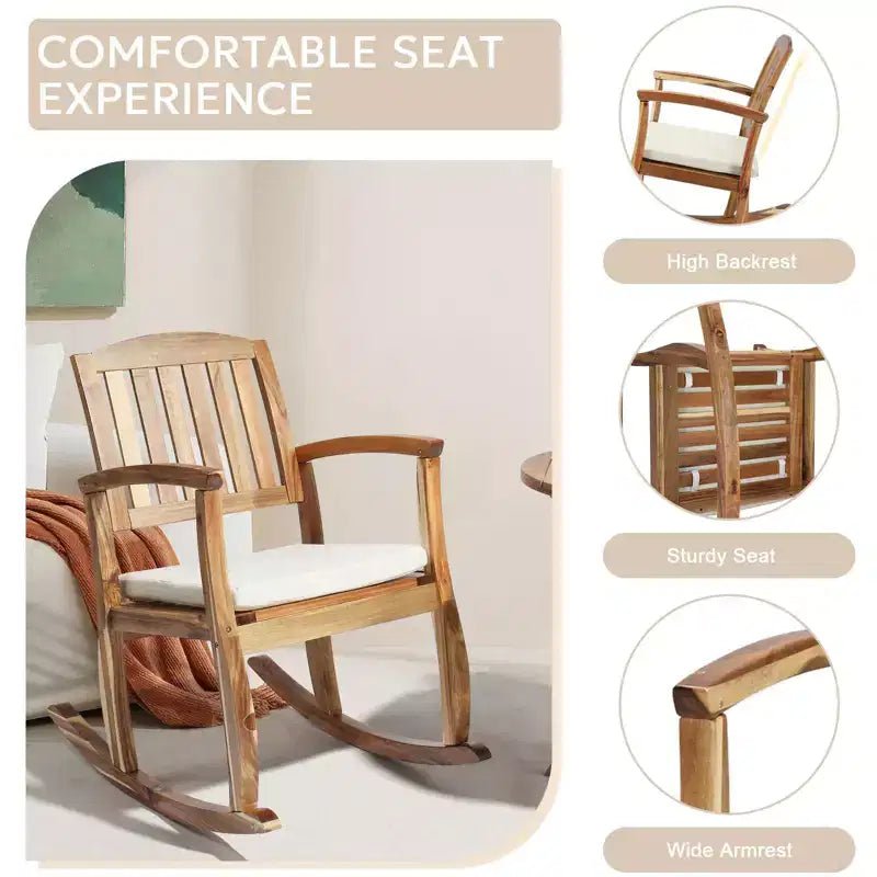 Fauteuil à bascule d'extérieur en bois d'acacia de 91 cm avec coussin