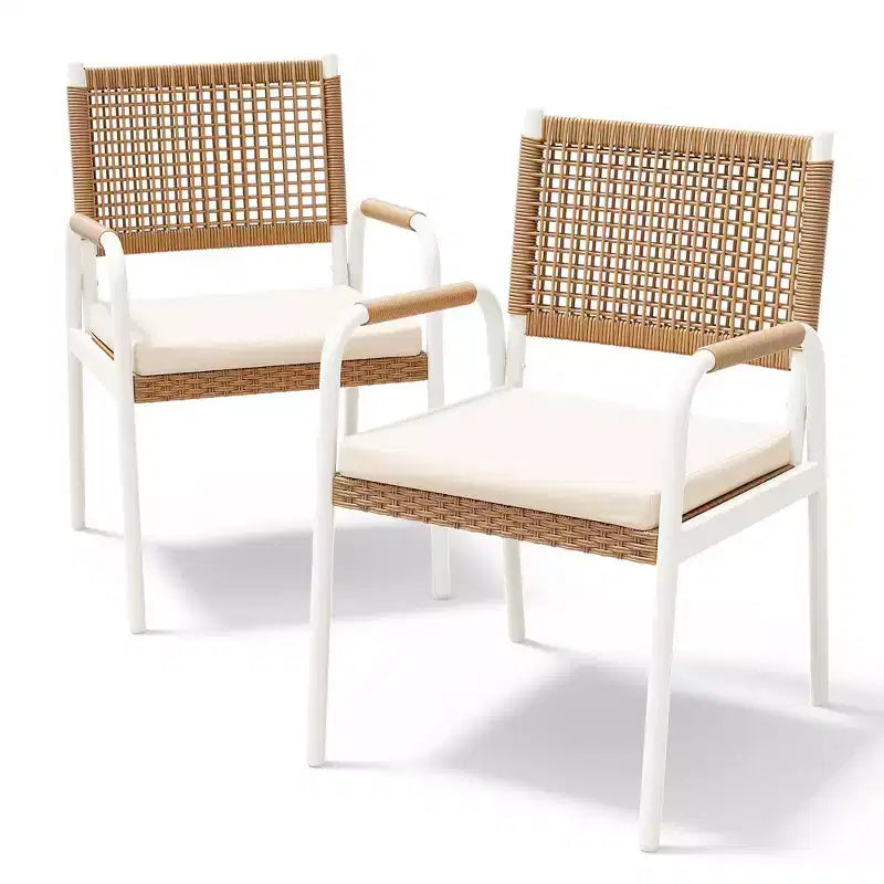 Lot de 4 chaises de salle à manger d'extérieur, chaises en osier avec coussins et accoudoirs, cadre en métal pour jardin, véranda, pelouse et bord de piscine