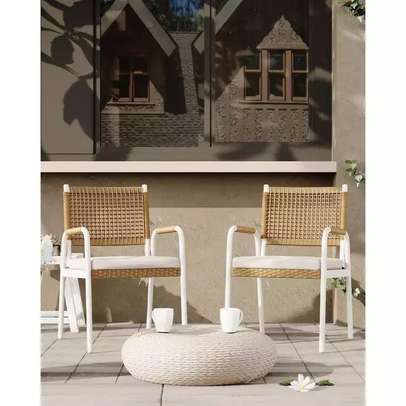 Lot de 4 chaises de salle à manger d'extérieur, chaises en osier avec coussins et accoudoirs, cadre en métal pour jardin, véranda, pelouse et bord de piscine