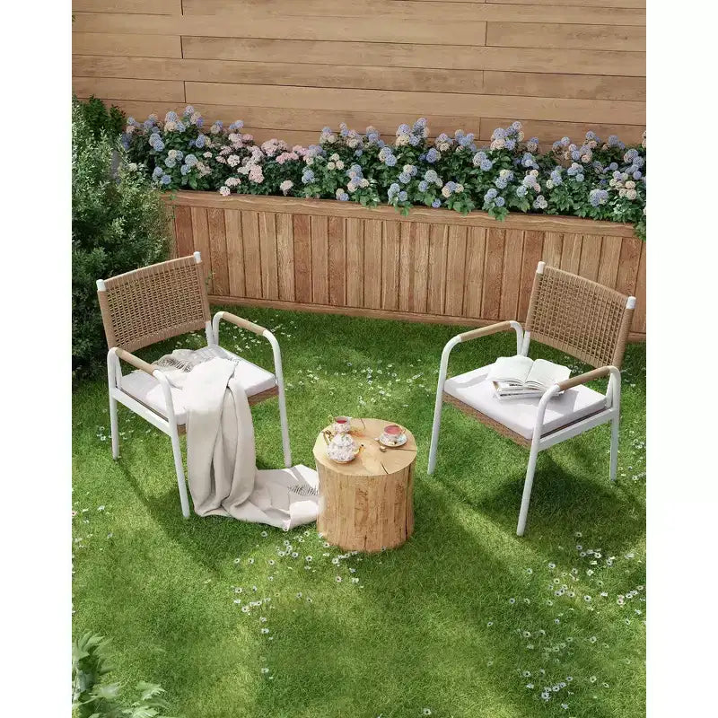 Lot de 4 chaises de salle à manger d'extérieur, chaises en osier avec coussins et accoudoirs, cadre en métal pour jardin, véranda, pelouse et bord de piscine