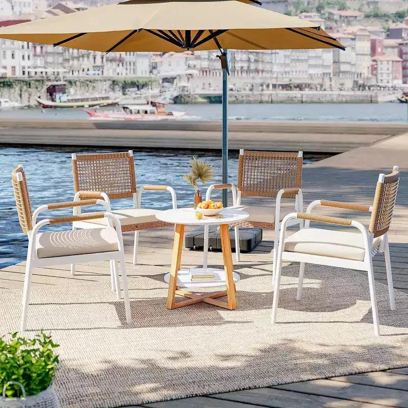 Lot de 4 chaises de salle à manger d'extérieur, chaises en osier avec coussins et accoudoirs, cadre en métal pour jardin, véranda, pelouse et bord de piscine