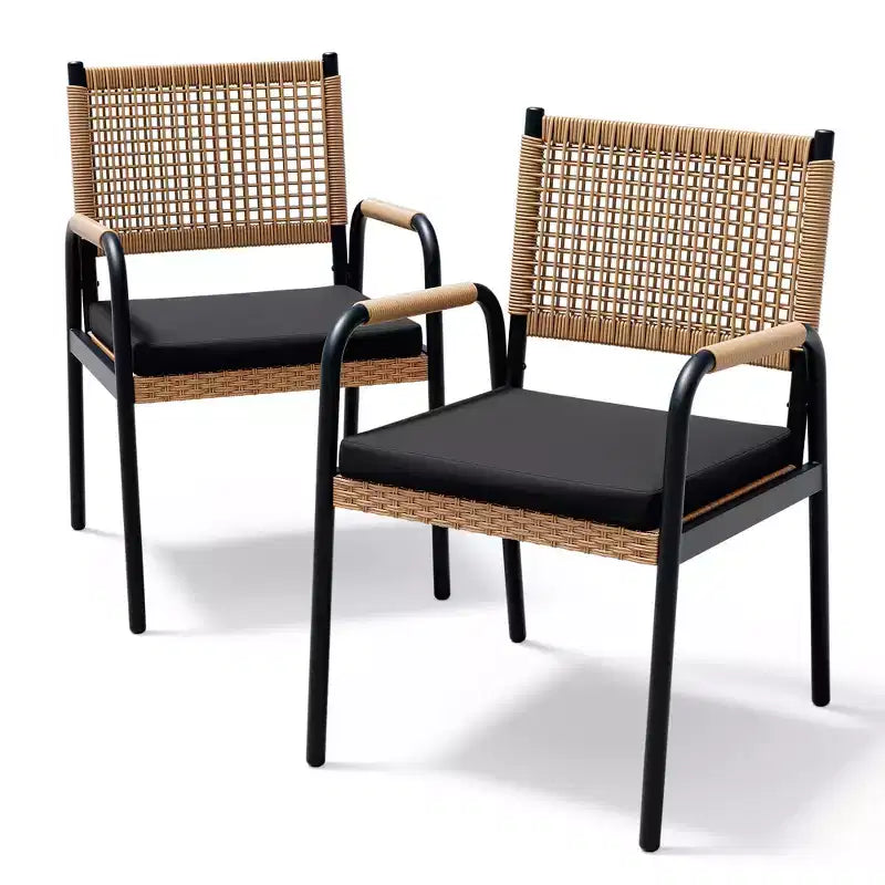 Lot de 4 chaises de salle à manger d'extérieur, chaises en osier avec coussins et accoudoirs, cadre en métal pour jardin, véranda, pelouse et bord de piscine