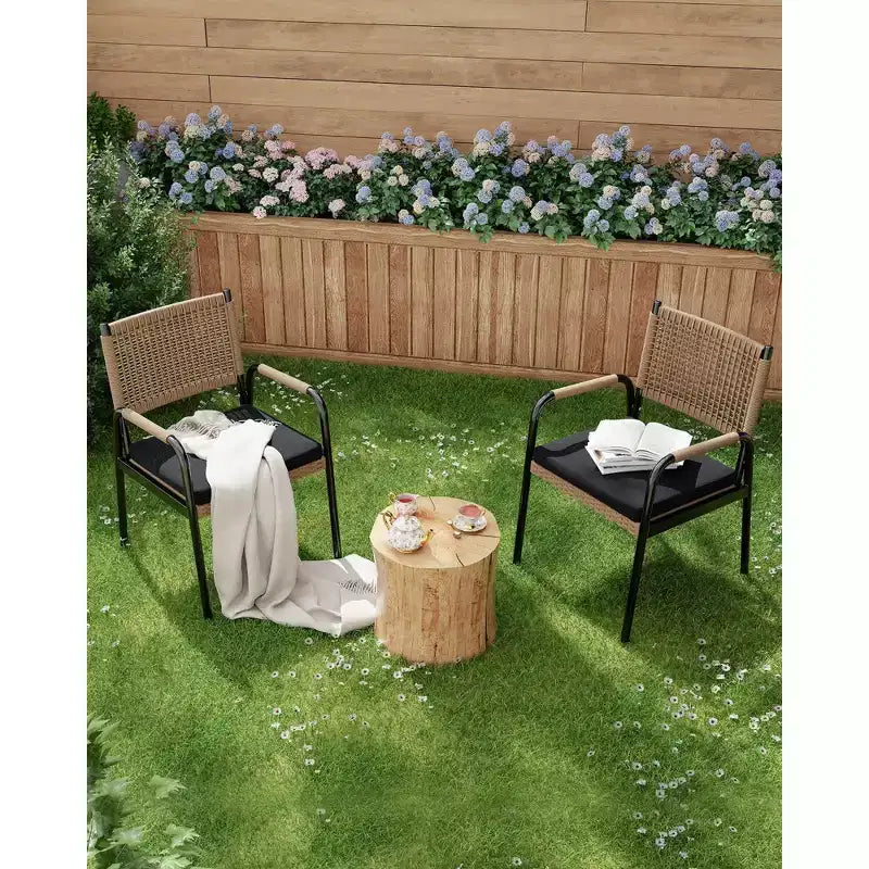 Lot de 4 chaises de salle à manger d'extérieur, chaises en osier avec coussins et accoudoirs, cadre en métal pour jardin, véranda, pelouse et bord de piscine