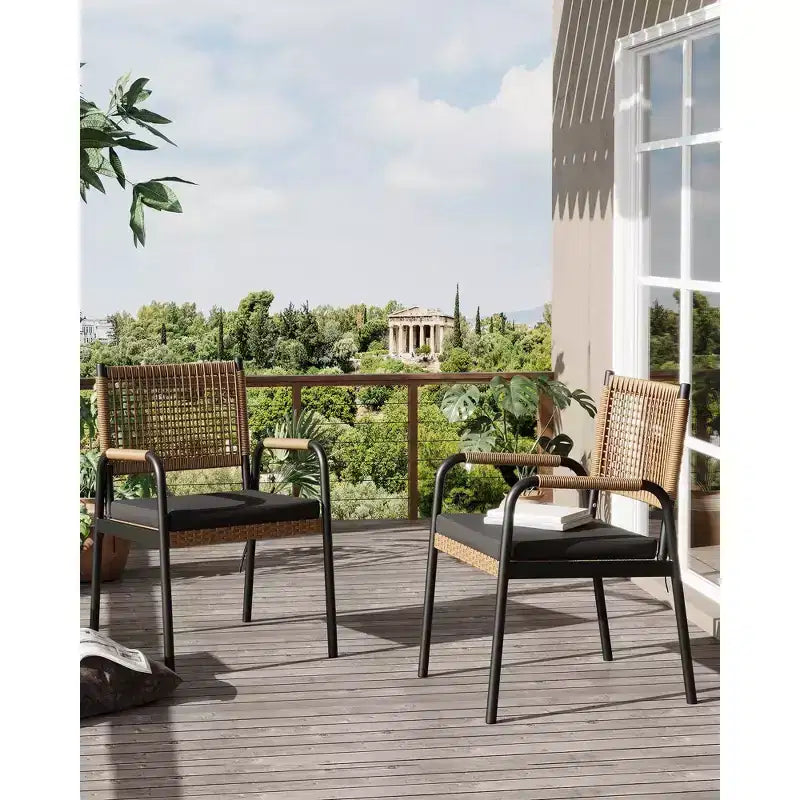 Lot de 4 chaises de salle à manger d'extérieur, chaises en osier avec coussins et accoudoirs, cadre en métal pour jardin, véranda, pelouse et bord de piscine