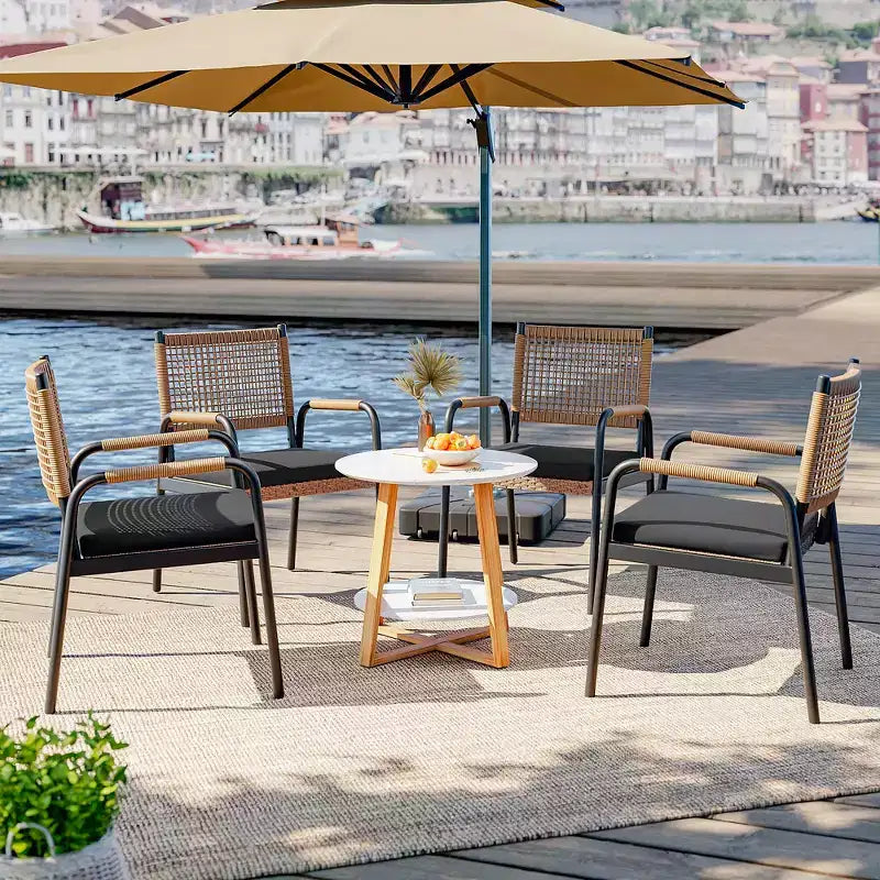Lot de 4 chaises de salle à manger d'extérieur, chaises en osier avec coussins et accoudoirs, cadre en métal pour jardin, véranda, pelouse et bord de piscine