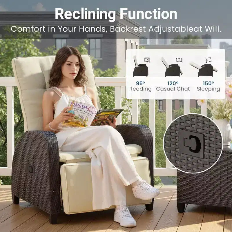 Heynemo Chaise longue réglable en rotin, chaise longue d'extérieur avec dossier et repose-pieds, mobilier de terrasse en osier résistant aux intempéries pour terrasse, véranda
