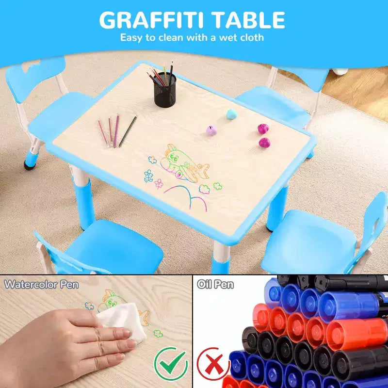 Table et 4 chaises pour enfants, réglables en hauteur, plateau effaçable, ensemble table et chaises multifonctionnel pour la lecture, le dessin, les repas