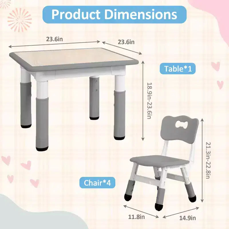 Ensemble table et 4 chaises GustoWave pour enfants, table réglable en hauteur (23") et 4 chaises pour tout-petits avec pieds antidérapants et plateau de bureau anti-graffiti avec organisateur