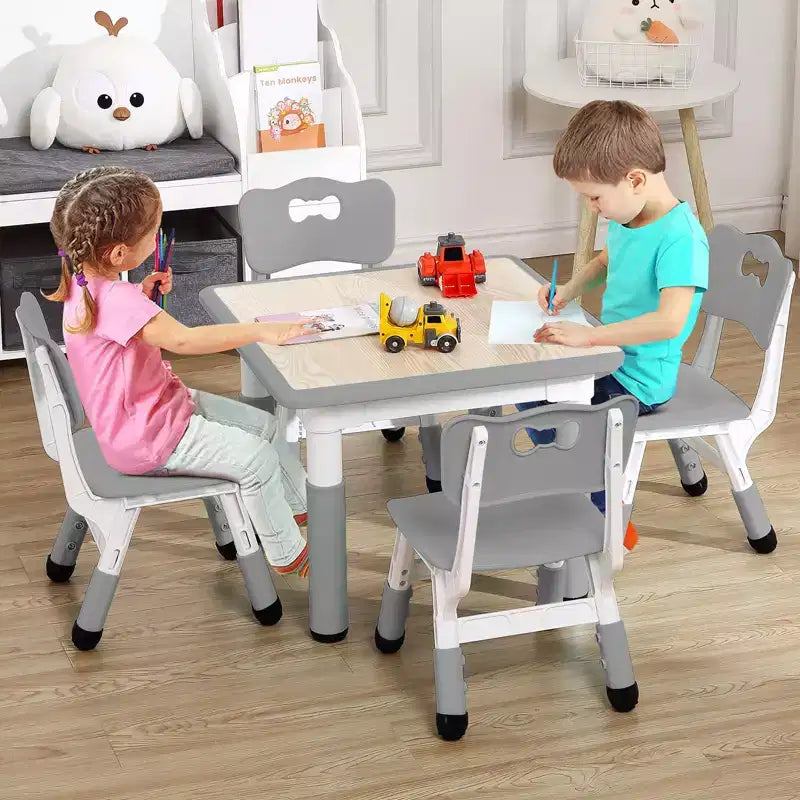 Ensemble table et 4 chaises GustoWave pour enfants, table réglable en hauteur (23") et 4 chaises pour tout-petits avec pieds antidérapants et plateau de bureau anti-graffiti avec organisateur