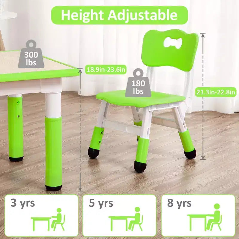 Ensemble table et 4 chaises GustoWave pour enfants, table réglable en hauteur (23") et 4 chaises pour tout-petits avec pieds antidérapants et plateau de bureau anti-graffiti avec organisateur