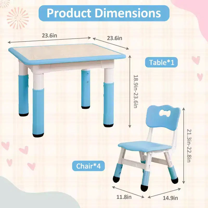 Ensemble table et 4 chaises GustoWave pour enfants, table réglable en hauteur (23") et 4 chaises pour tout-petits avec pieds antidérapants et plateau de bureau anti-graffiti avec organisateur