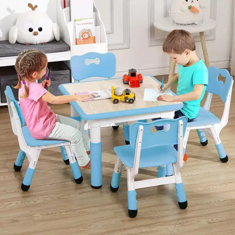 Ensemble table et 4 chaises GustoWave pour enfants, table réglable en hauteur (23") et 4 chaises pour tout-petits avec pieds antidérapants et plateau de bureau anti-graffiti avec organisateur