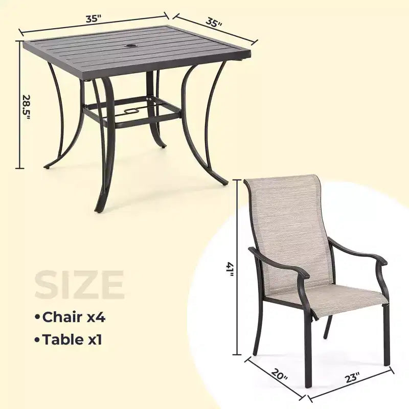 HAPPATIO Ensemble de salle à manger pour patio, ensemble de salle à manger 5 pièces, 4 chaises de salle à manger en textilène et 1 table à manger carrée. Facile à entretenir et résistant aux intempéries