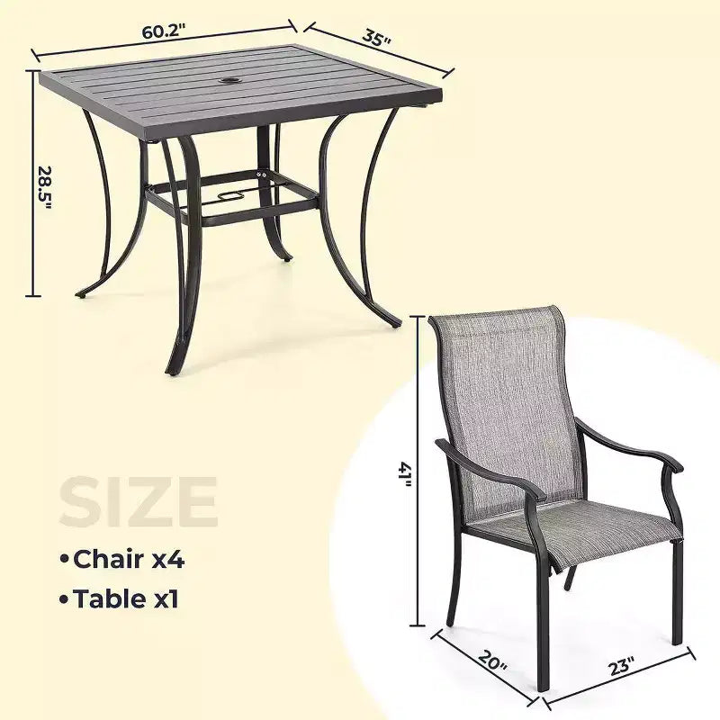 HAPPATIO Ensemble de salle à manger pour patio, ensemble de salle à manger 5 pièces, 4 chaises de salle à manger en textilène et 1 table à manger carrée. Facile à entretenir et résistant aux intempéries