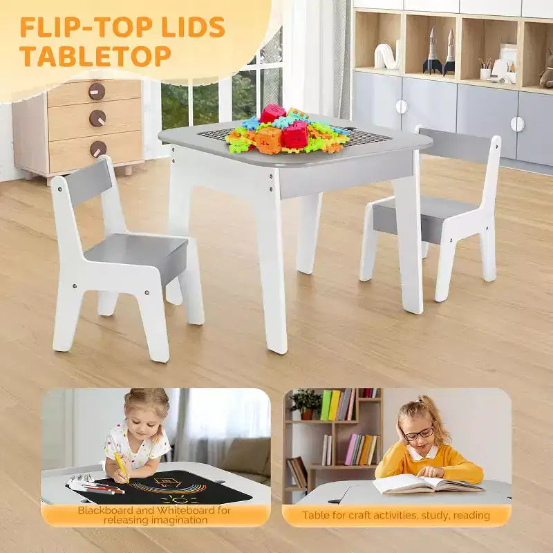 JOYMOR Ensemble table et chaises d'activités 4-en-1 pour enfants avec plateau de blocs de construction, tableau noir et tableau blanc, gris