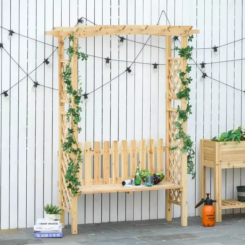 Pergola en arc avec banc de jardin d'extérieur en bois de sapin naturel, vernis protecteur