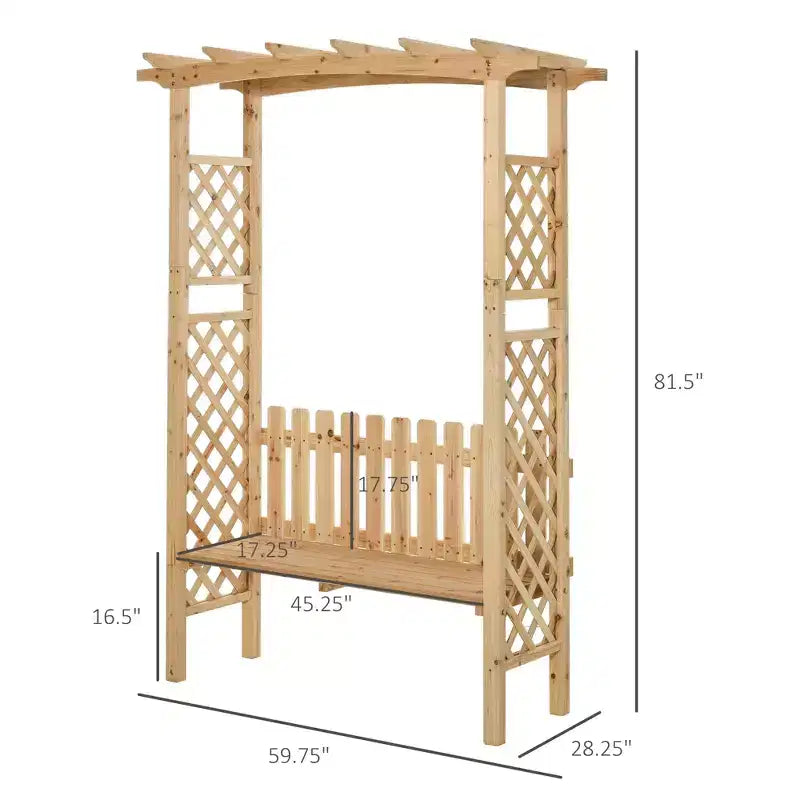 Pergola en arc avec banc de jardin d'extérieur en bois de sapin naturel, vernis protecteur