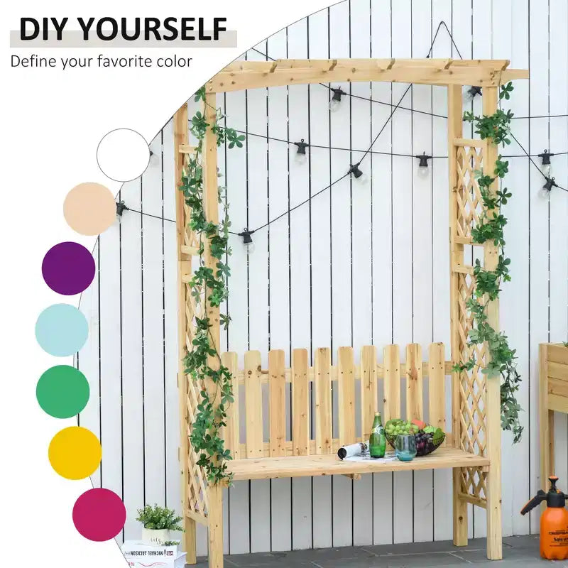 Pergola en arc avec banc de jardin d'extérieur en bois de sapin naturel, vernis protecteur