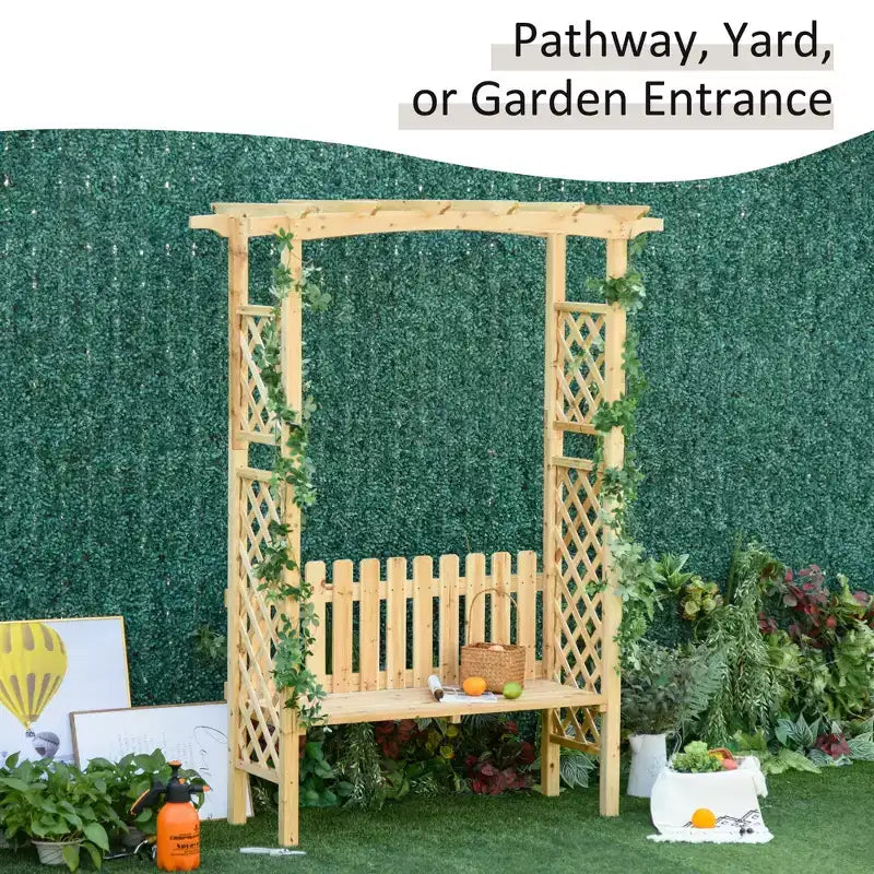 Pergola en arc avec banc de jardin d'extérieur en bois de sapin naturel, vernis protecteur