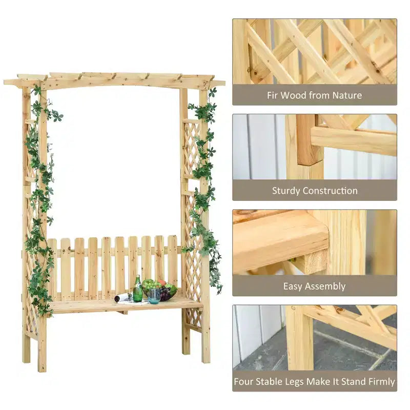 Pergola en arc avec banc de jardin d'extérieur en bois de sapin naturel, vernis protecteur