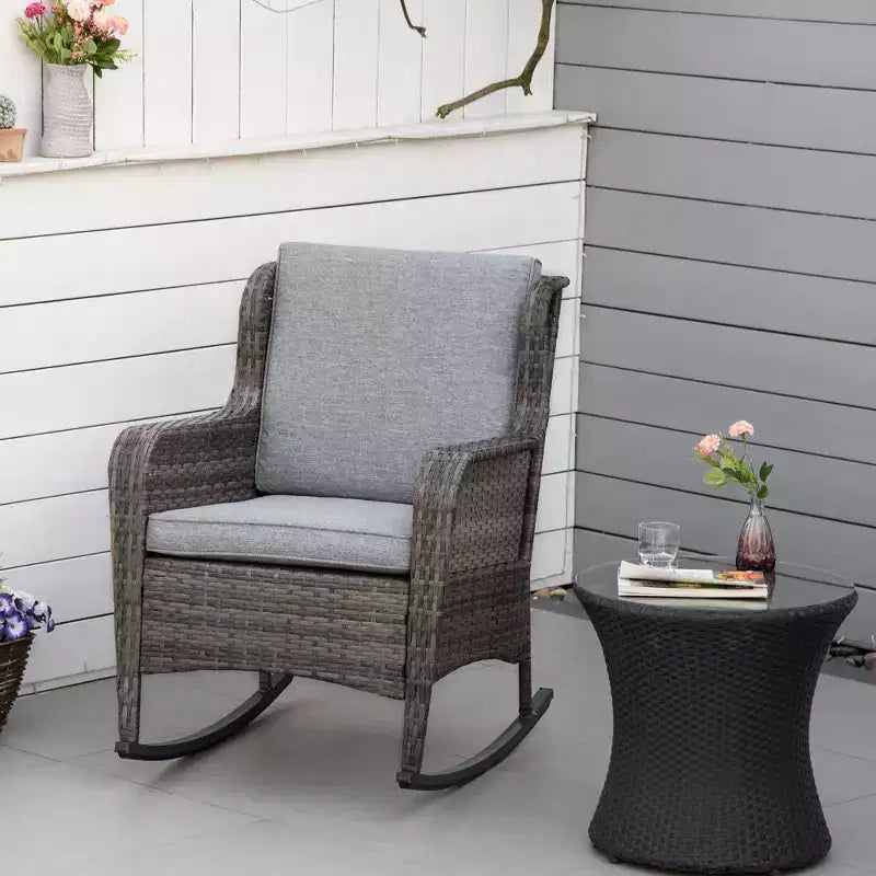 Fauteuil à bascule d'extérieur en osier, à bascule en rotin avec coussins, cadre en acier pour patio, jardin