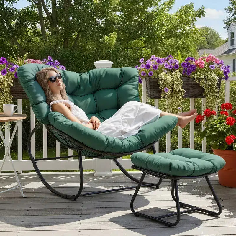 Fauteuil à bascule Heynemo pour patio avec ottoman, fauteuil à bascule œuf intérieur/extérieur avec coussins, fauteuil de salon en métal, fauteuil papasan surdimensionné, fauteuil de lecture