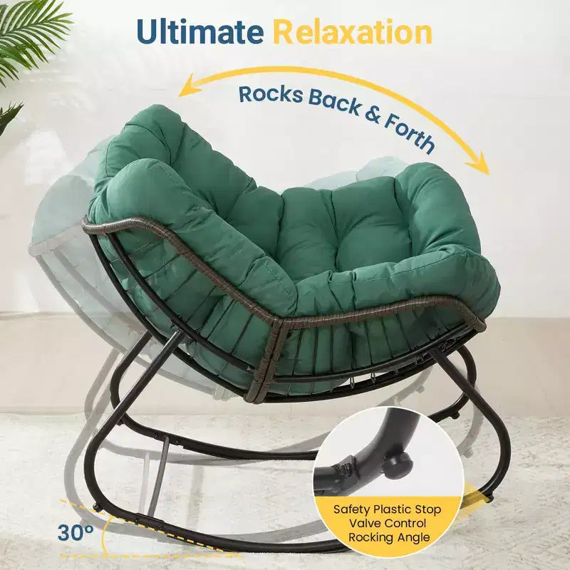 Fauteuil à bascule Heynemo pour patio avec ottoman, fauteuil à bascule œuf intérieur/extérieur avec coussins, fauteuil de salon en métal, fauteuil papasan surdimensionné, fauteuil de lecture