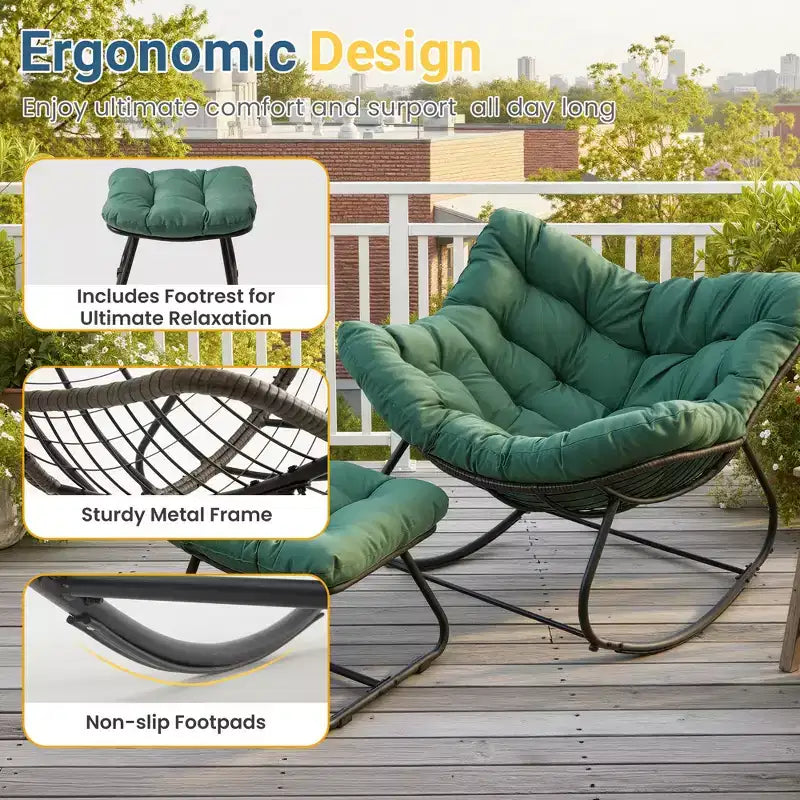 Fauteuil à bascule Heynemo pour patio avec ottoman, fauteuil à bascule œuf intérieur/extérieur avec coussins, fauteuil de salon en métal, fauteuil papasan surdimensionné, fauteuil de lecture