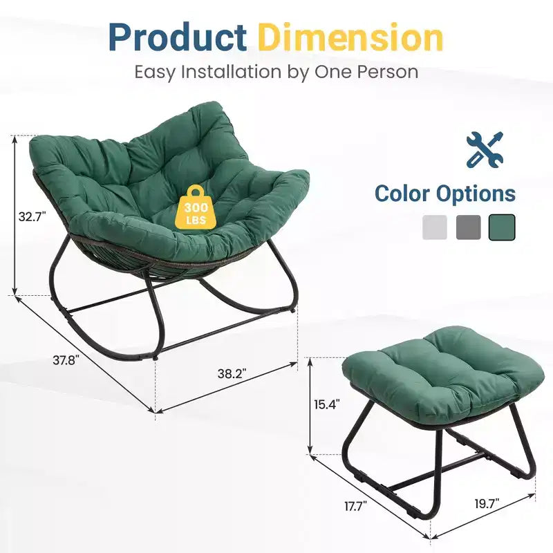 Fauteuil à bascule Heynemo pour patio avec ottoman, fauteuil à bascule œuf intérieur/extérieur avec coussins, fauteuil de salon en métal, fauteuil papasan surdimensionné, fauteuil de lecture
