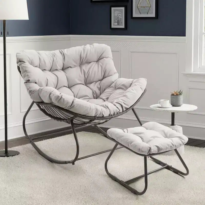 Fauteuil à bascule Heynemo pour patio avec ottoman, fauteuil à bascule œuf intérieur/extérieur avec coussins, fauteuil de salon en métal, fauteuil papasan surdimensionné, fauteuil de lecture