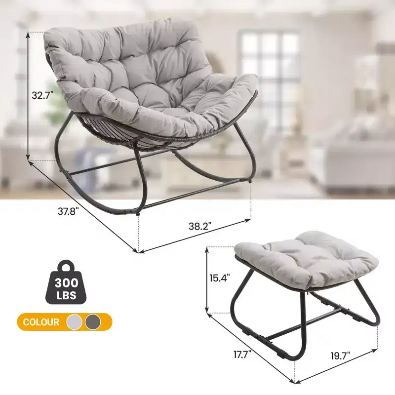 Fauteuil à bascule Heynemo pour patio avec ottoman, fauteuil à bascule œuf intérieur/extérieur avec coussins, fauteuil de salon en métal, fauteuil papasan surdimensionné, fauteuil de lecture