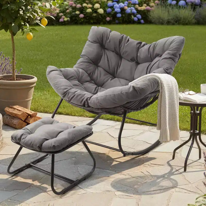 Fauteuil à bascule Heynemo pour patio avec ottoman, fauteuil à bascule œuf intérieur/extérieur avec coussins, fauteuil de salon en métal, fauteuil papasan surdimensionné, fauteuil de lecture