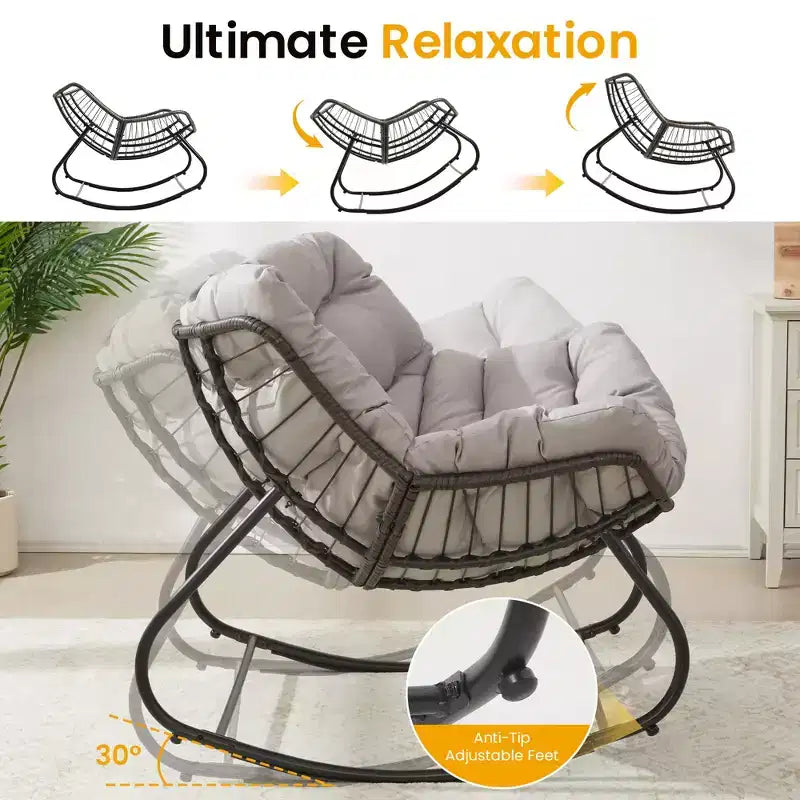 Fauteuil à bascule Heynemo pour patio avec ottoman, fauteuil à bascule œuf intérieur/extérieur avec coussins, fauteuil de salon en métal, fauteuil papasan surdimensionné, fauteuil de lecture