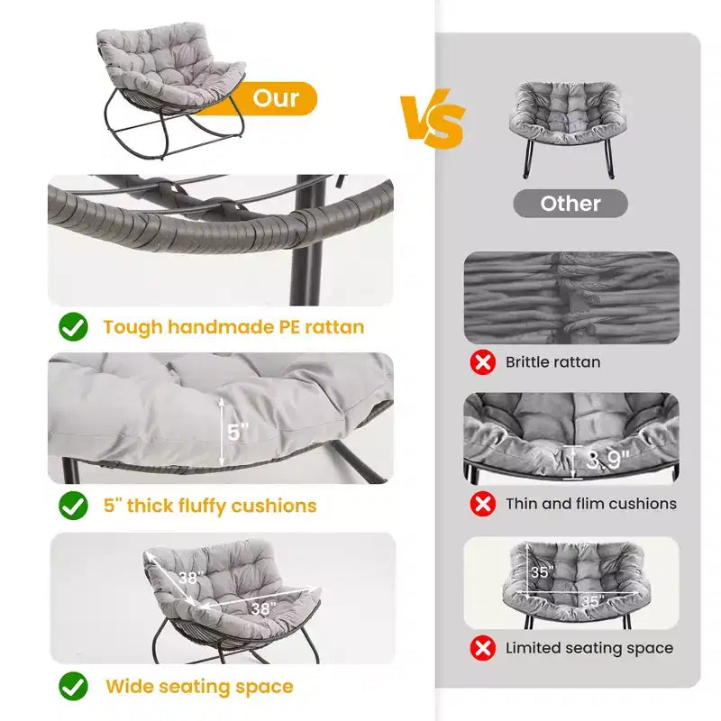 Fauteuil à bascule Heynemo pour patio avec ottoman, fauteuil à bascule œuf intérieur/extérieur avec coussins, fauteuil de salon en métal, fauteuil papasan surdimensionné, fauteuil de lecture