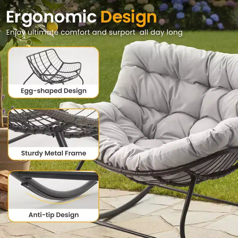Fauteuil à bascule Heynemo pour patio avec ottoman, fauteuil à bascule œuf intérieur/extérieur avec coussins, fauteuil de salon en métal, fauteuil papasan surdimensionné, fauteuil de lecture