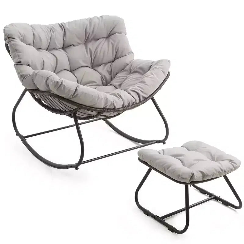Fauteuil à bascule Heynemo pour patio avec ottoman, fauteuil à bascule œuf intérieur/extérieur avec coussins, fauteuil de salon en métal, fauteuil papasan surdimensionné, fauteuil de lecture
