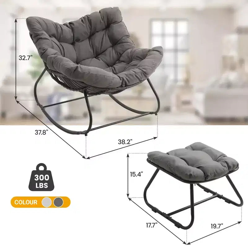 Fauteuil à bascule Heynemo pour patio avec ottoman, fauteuil à bascule œuf intérieur/extérieur avec coussins, fauteuil de salon en métal, fauteuil papasan surdimensionné, fauteuil de lecture
