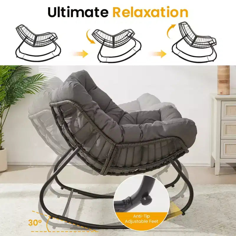 Fauteuil à bascule Heynemo pour patio avec ottoman, fauteuil à bascule œuf intérieur/extérieur avec coussins, fauteuil de salon en métal, fauteuil papasan surdimensionné, fauteuil de lecture