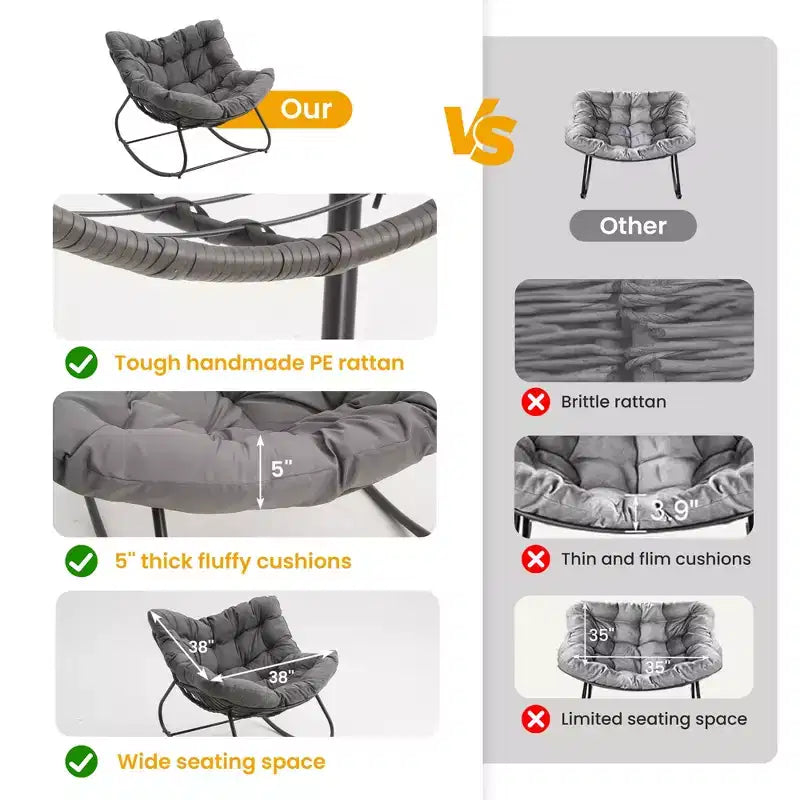Fauteuil à bascule Heynemo pour patio avec ottoman, fauteuil à bascule œuf intérieur/extérieur avec coussins, fauteuil de salon en métal, fauteuil papasan surdimensionné, fauteuil de lecture
