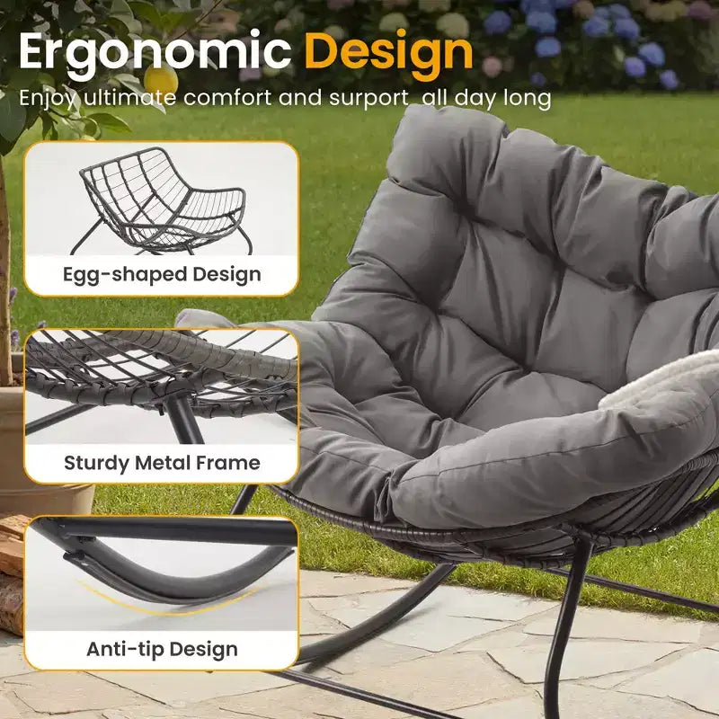 Fauteuil à bascule Heynemo pour patio avec ottoman, fauteuil à bascule œuf intérieur/extérieur avec coussins, fauteuil de salon en métal, fauteuil papasan surdimensionné, fauteuil de lecture
