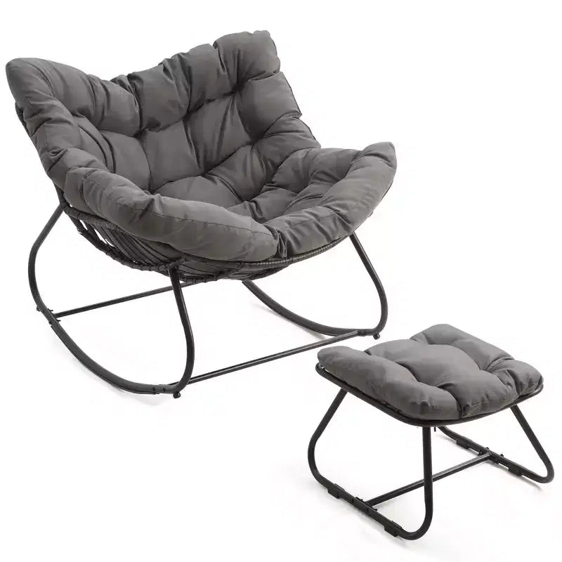 Fauteuil à bascule Heynemo pour patio avec ottoman, fauteuil à bascule œuf intérieur/extérieur avec coussins, fauteuil de salon en métal, fauteuil papasan surdimensionné, fauteuil de lecture