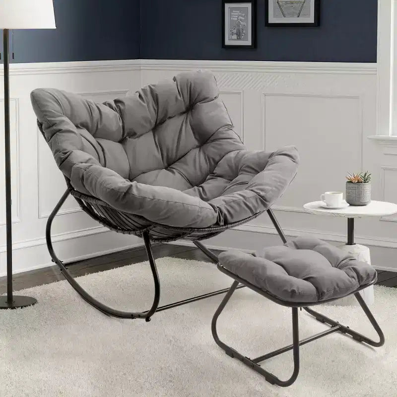 Heynemo Patio Rocking Chair with Ottoman, Outdoor Indoor Rocking Egg Chair with Cushions, Metal Lounge Chair Oversized Papasan Chair, Reading Chair