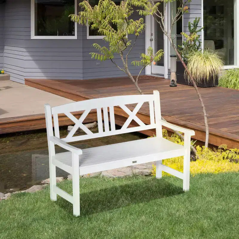 Banc de jardin 2 places en bois, causeuse d'extérieur 4 pieds avec dossier unique en forme de X pour cour, pelouse, porche