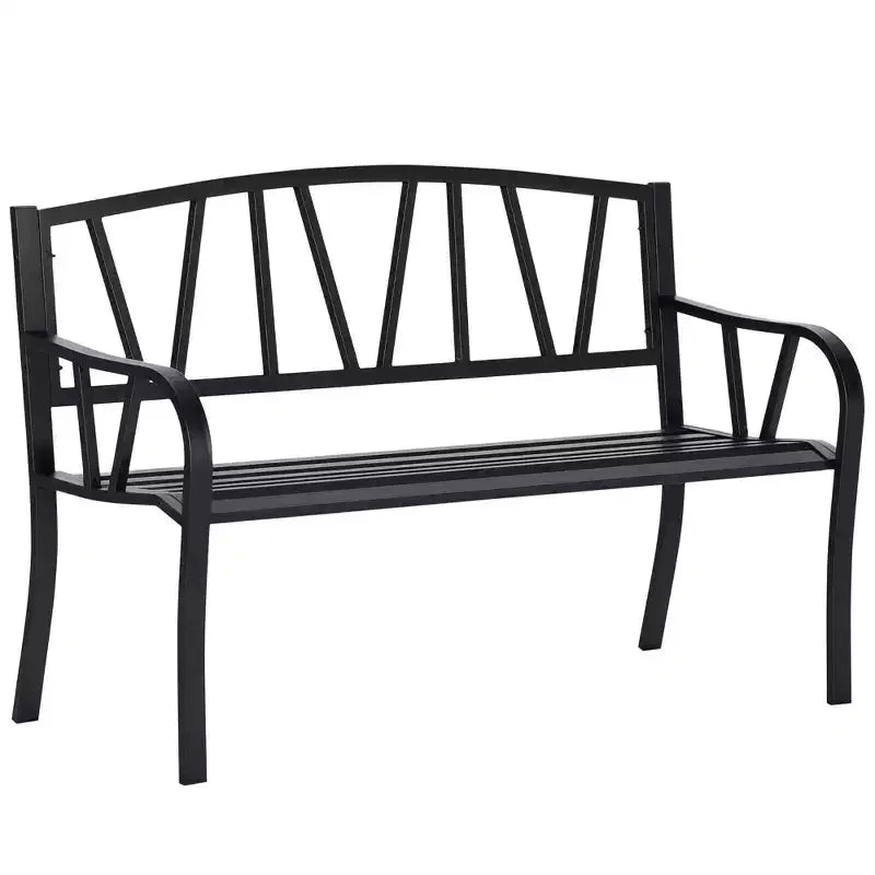 50 Outdoor Bench, Metal Garden Bench with V-Shaped Pattern Backrest, Porch Bench with Slatted Seat for Park, Lawn