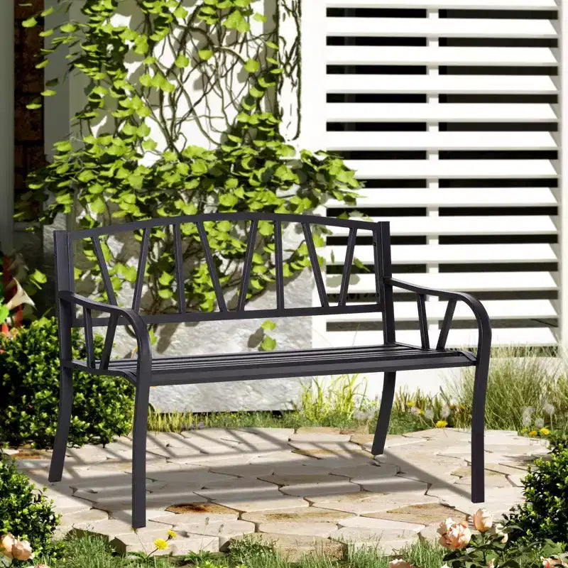 Banc d'extérieur 50 po, banc de jardin en métal avec dossier à motif en V, banc de porche avec siège à lattes pour parc, pelouse