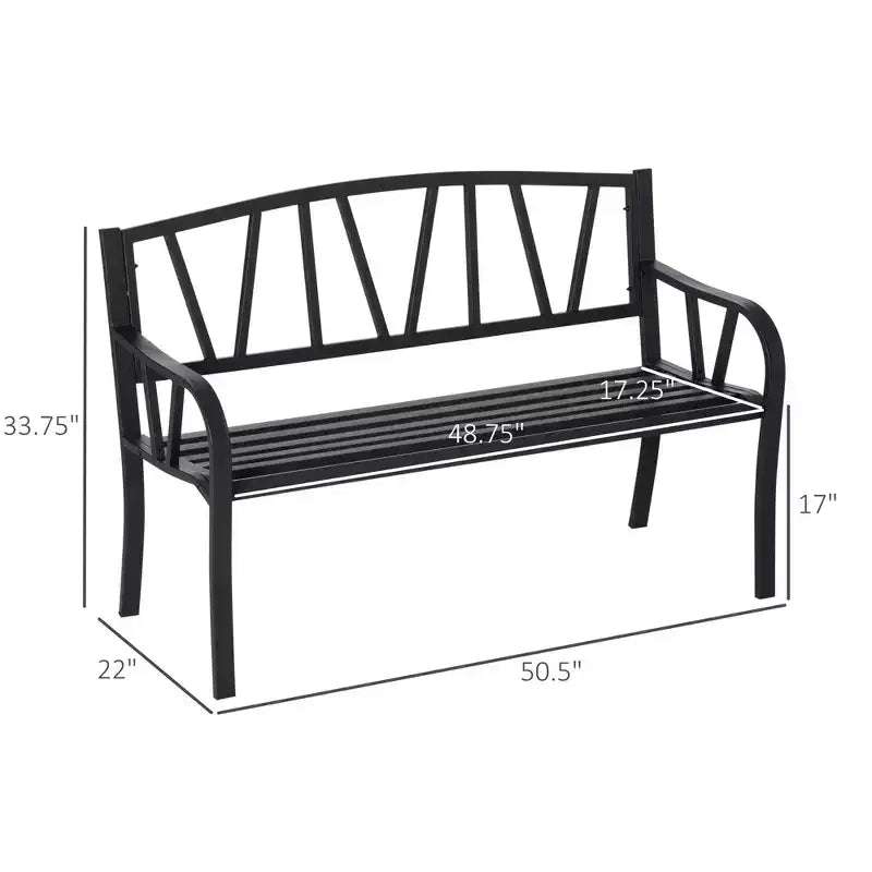 Banc d'extérieur 50 po, banc de jardin en métal avec dossier à motif en V, banc de porche avec siège à lattes pour parc, pelouse