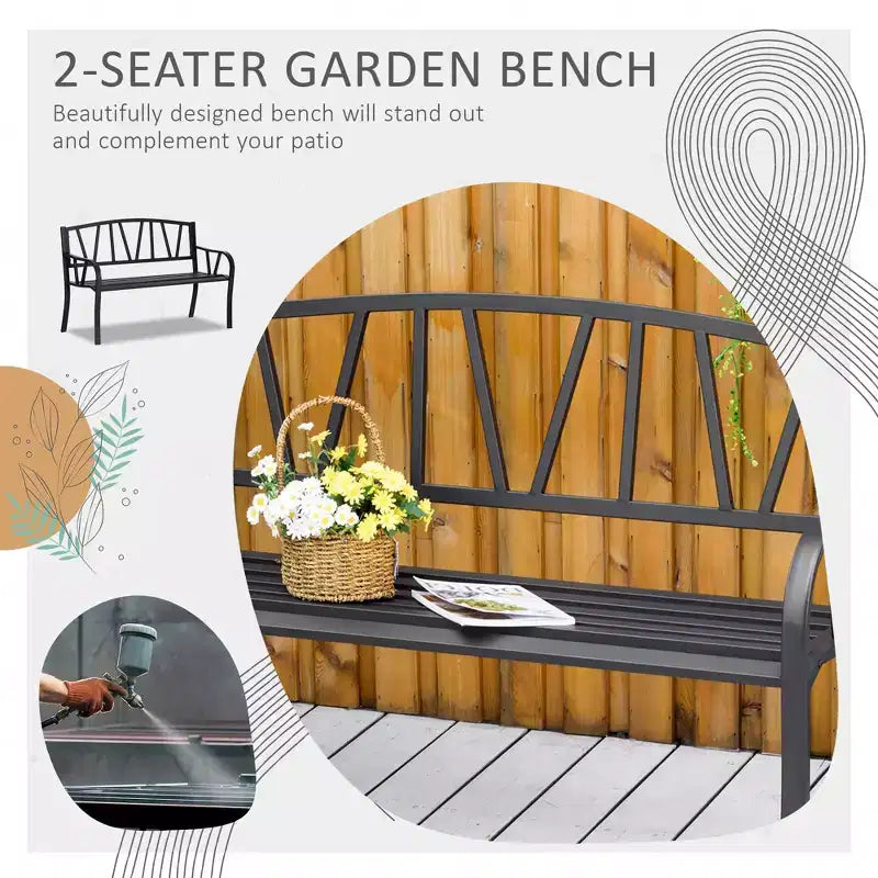 Banc d'extérieur 50 po, banc de jardin en métal avec dossier à motif en V, banc de porche avec siège à lattes pour parc, pelouse