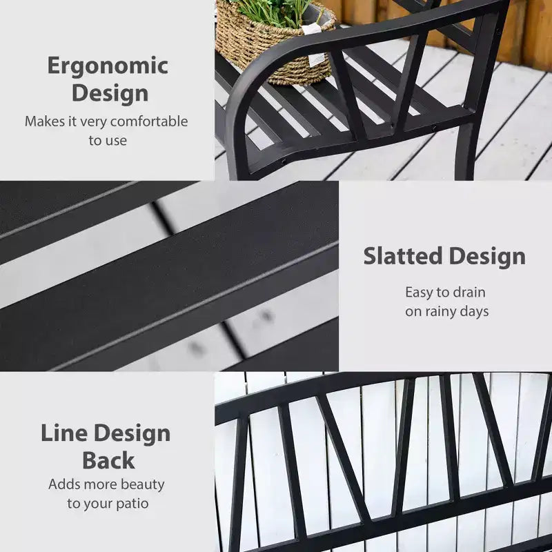 Banc d'extérieur 50 po, banc de jardin en métal avec dossier à motif en V, banc de porche avec siège à lattes pour parc, pelouse