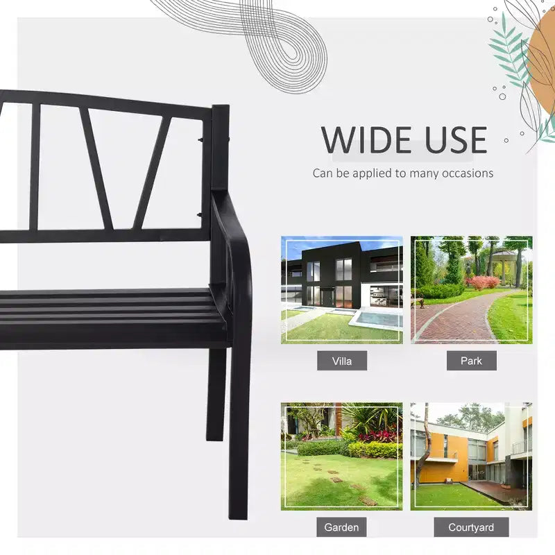 Banc d'extérieur 50 po, banc de jardin en métal avec dossier à motif en V, banc de porche avec siège à lattes pour parc, pelouse