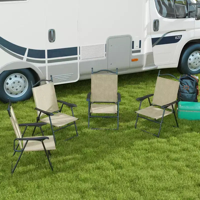 Ensemble de 4 chaises pliantes de camping pour patio, chaises de sport pour adultes avec accoudoirs, siège en tissu maillé pour pelouse
